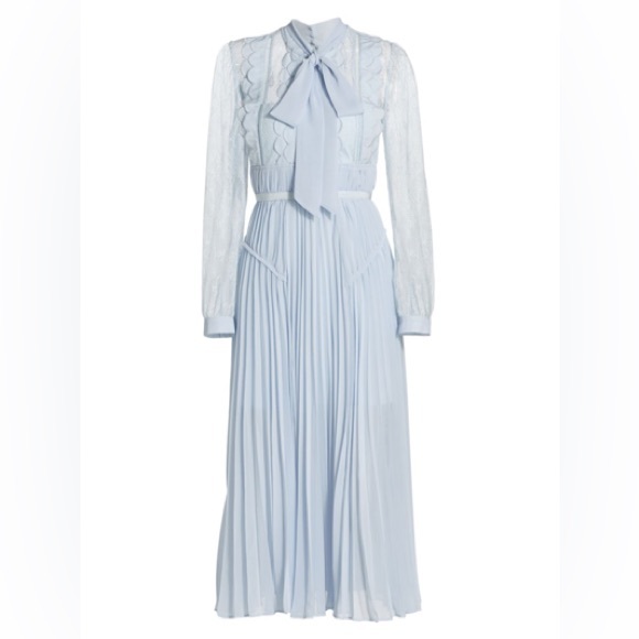 Self-Portrait Blue Pleated Midi Dress with Bishop Sleeves - Picture 2 of 16